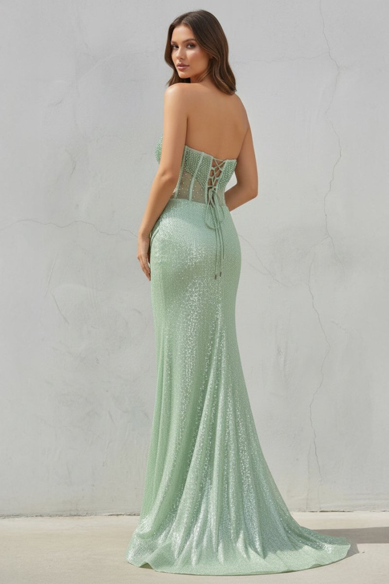 Strapless Mermaid Long Sequins Formal Prom Gown With Split