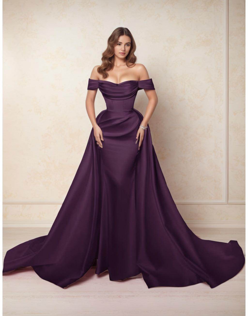 Elegant A Line Chapel Train Satin Prom Dress for Prom