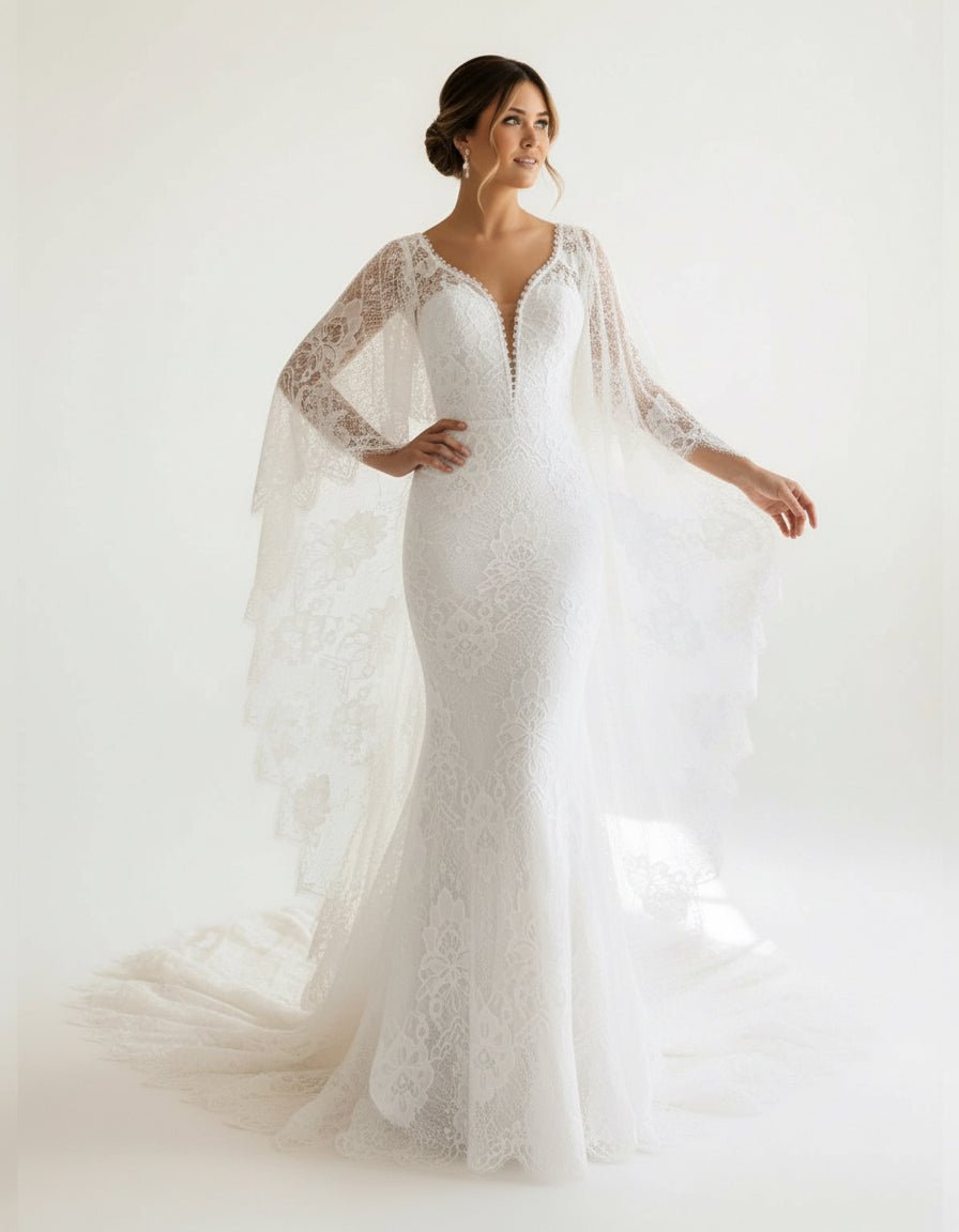 White Lace Mermaid Wedding Dress with V-Neck Neckline and Appliques