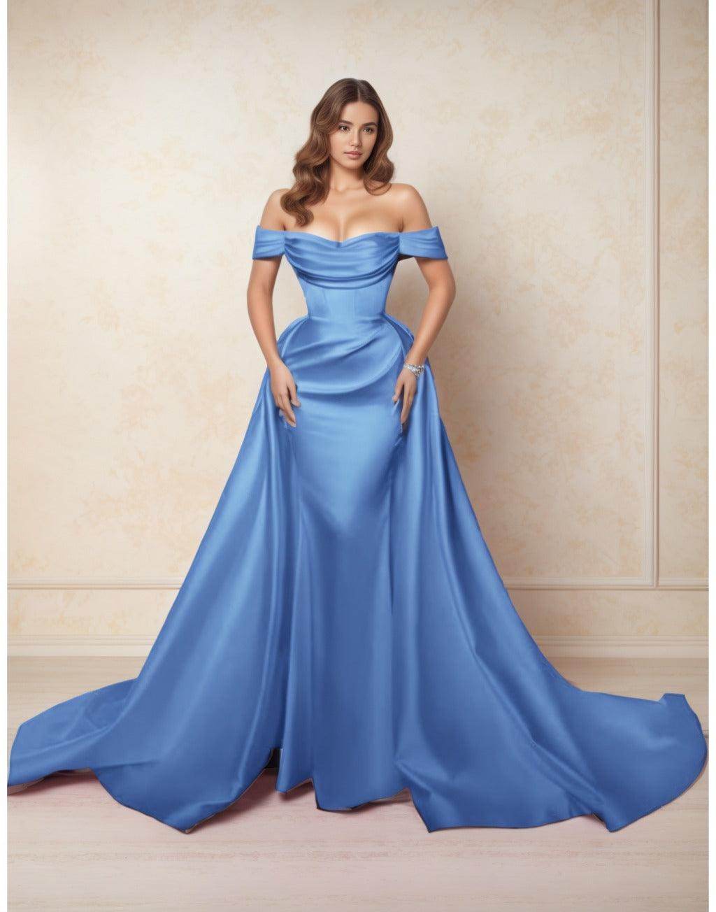 Elegant A Line Chapel Train Satin Prom Dress for Prom