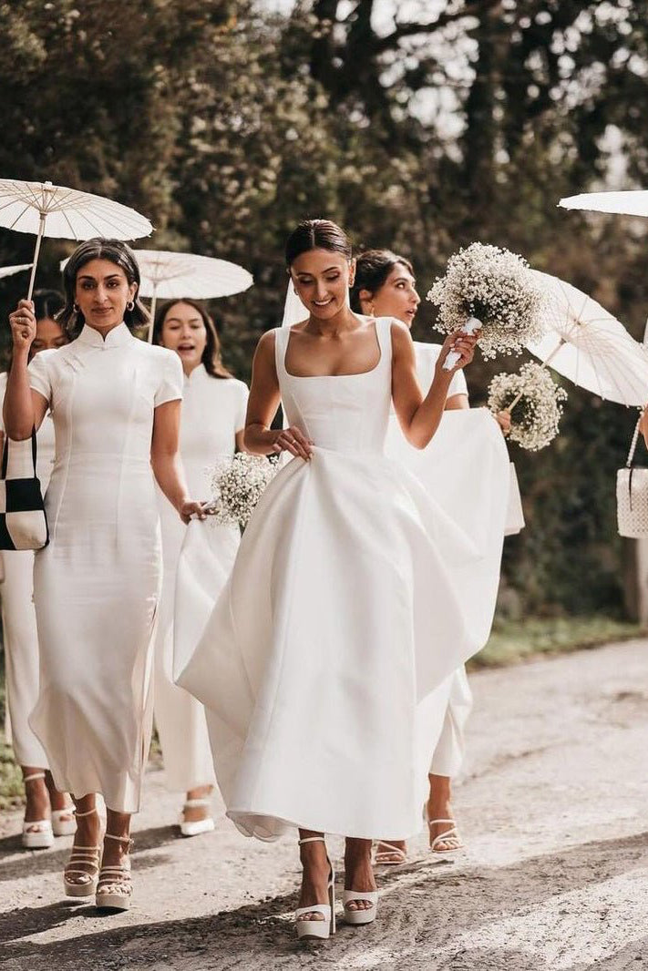 Diamond White Satin A-Line Wedding Dress with Square Neck Neckline and Sweep Train