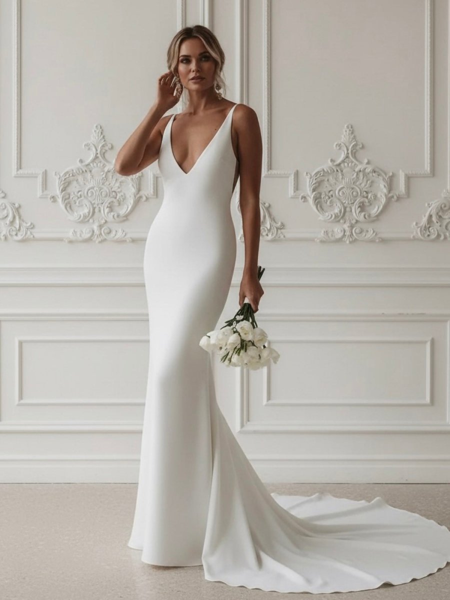 Diamond White Satin Mermaid Wedding Dress with V-Neck Neckline and Sweep Train
