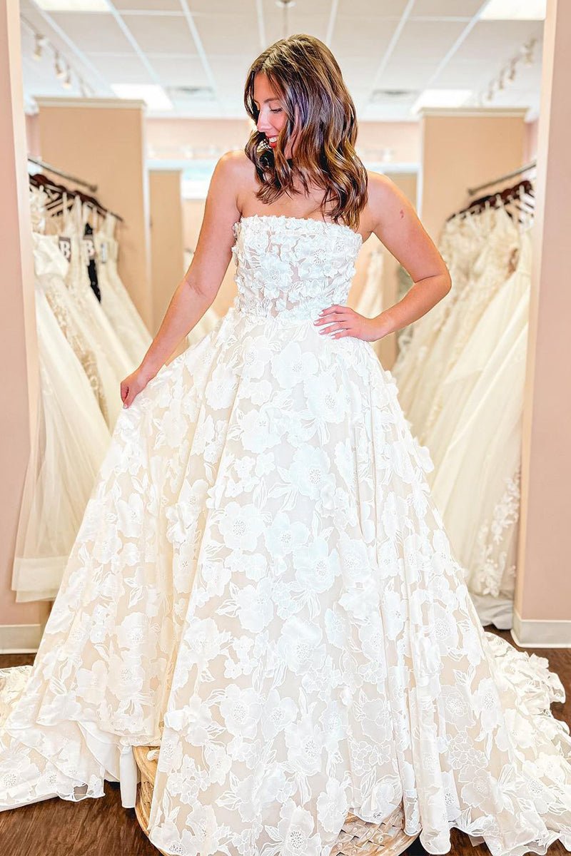 White Lace A-Line Wedding Dress with Strapless Neckline and Floral Detail