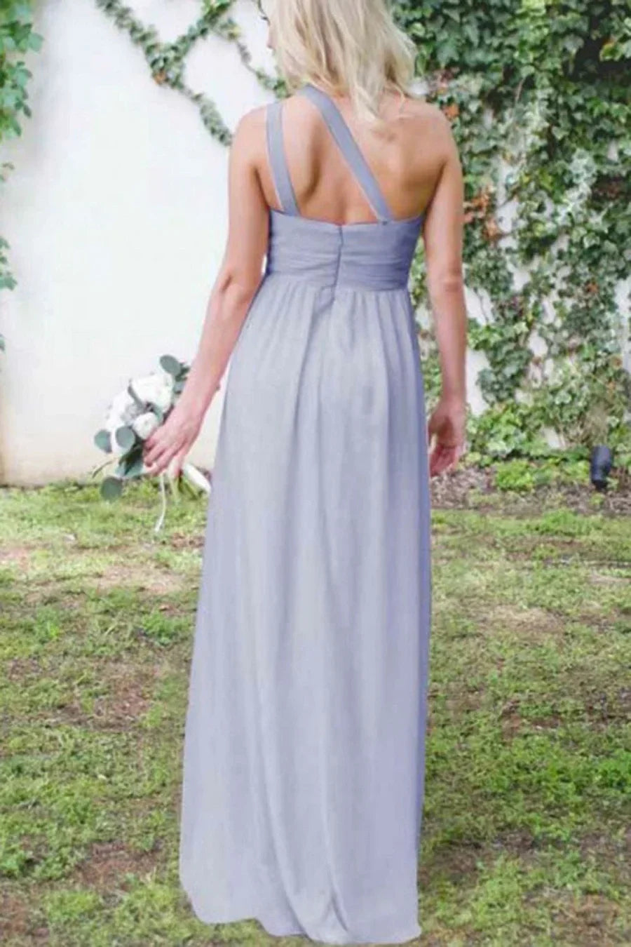 Dusty Blue Chiffon Bridesmaid Dress with One Shoulder Neckline and Pleated Detail