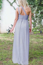 Dusty Blue Chiffon Bridesmaid Dress with One Shoulder Neckline and Pleated Detail