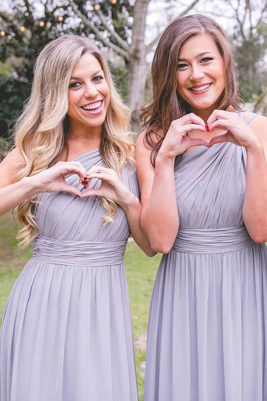 Dusty Blue Chiffon Bridesmaid Dress with One Shoulder Neckline and Pleated Detail