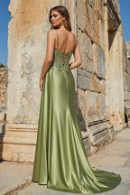 Silver Spaghetti Straps Mermaid Appliqued Formal Prom Gown With Split