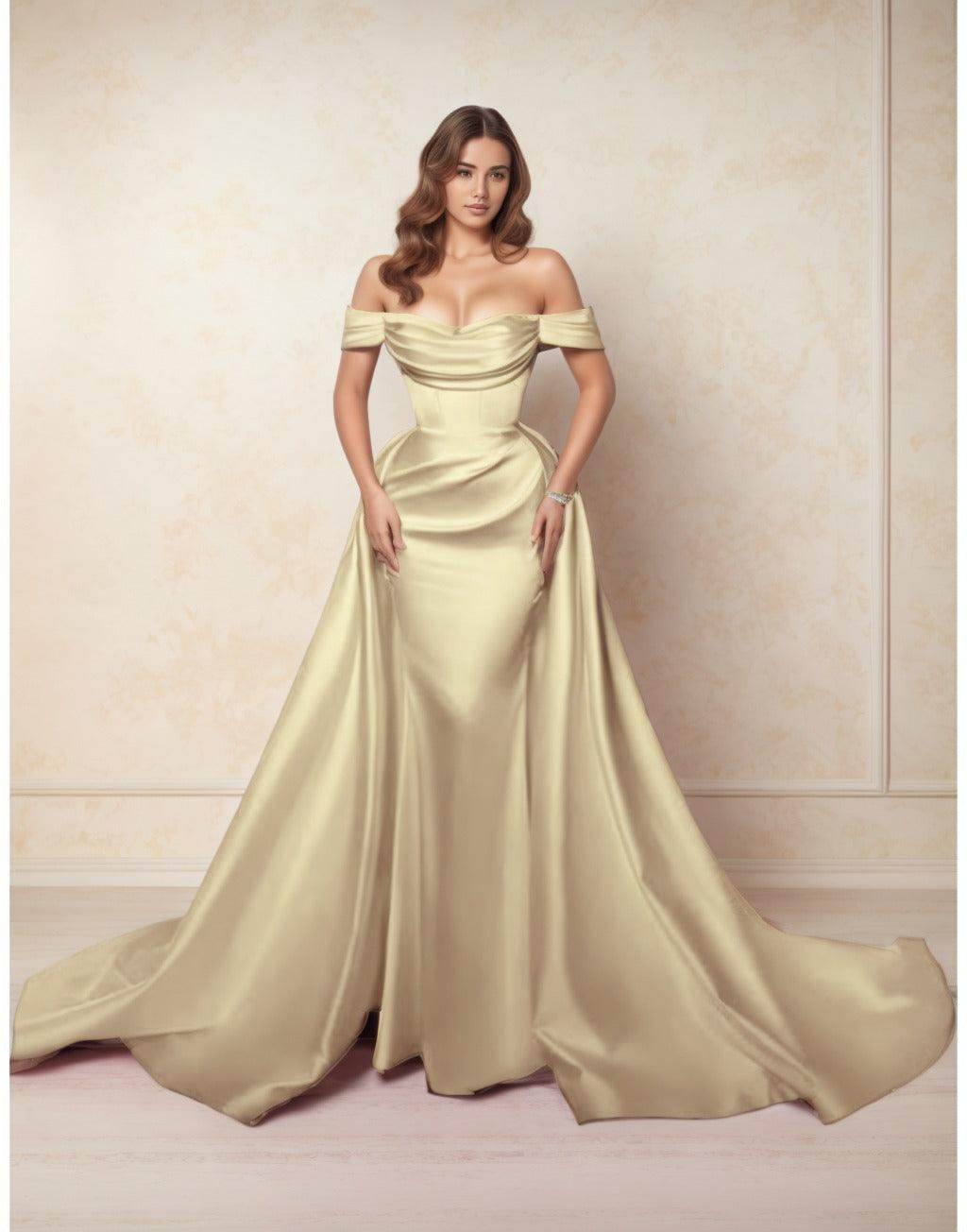 Elegant A Line Chapel Train Satin Prom Dress for Prom