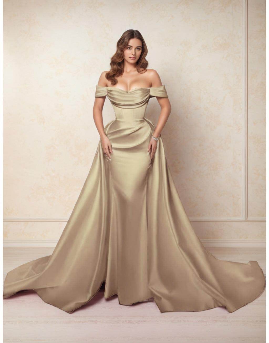 Elegant A Line Chapel Train Satin Prom Dress for Prom