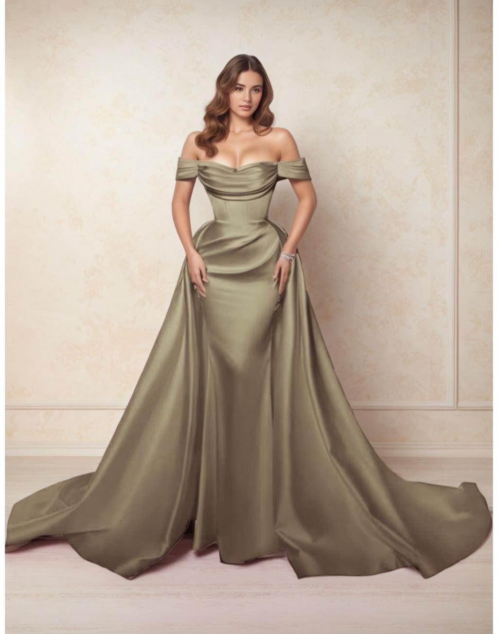 Elegant A Line Chapel Train Satin Prom Dress for Prom