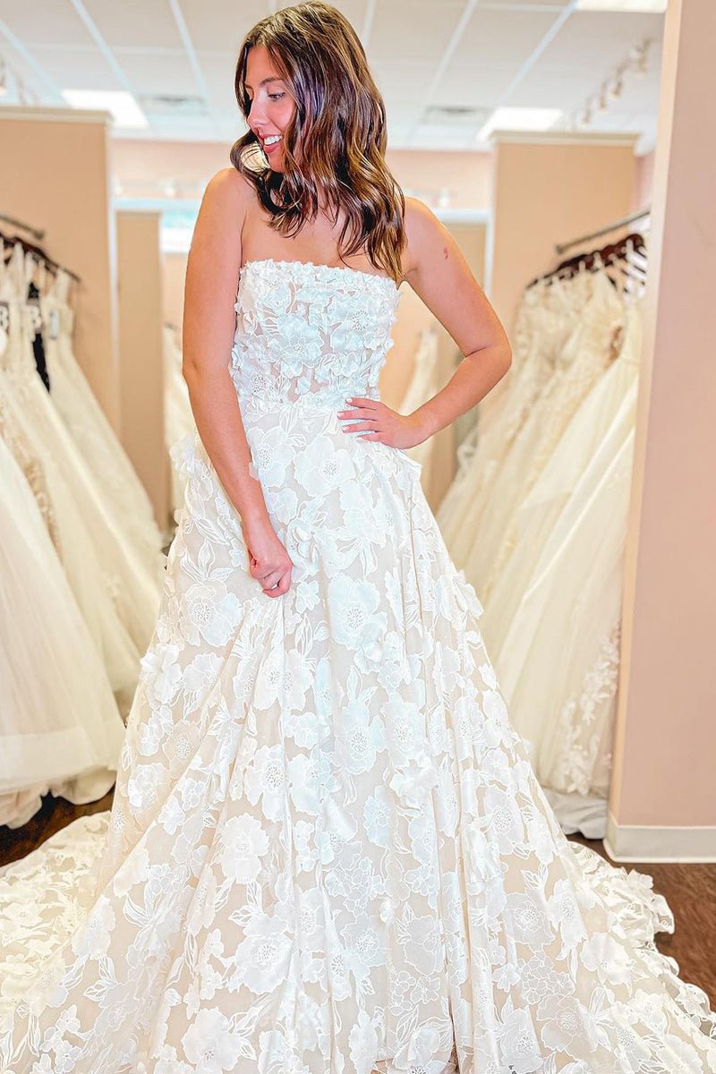 White Lace A-Line Wedding Dress with Strapless Neckline and Floral Detail