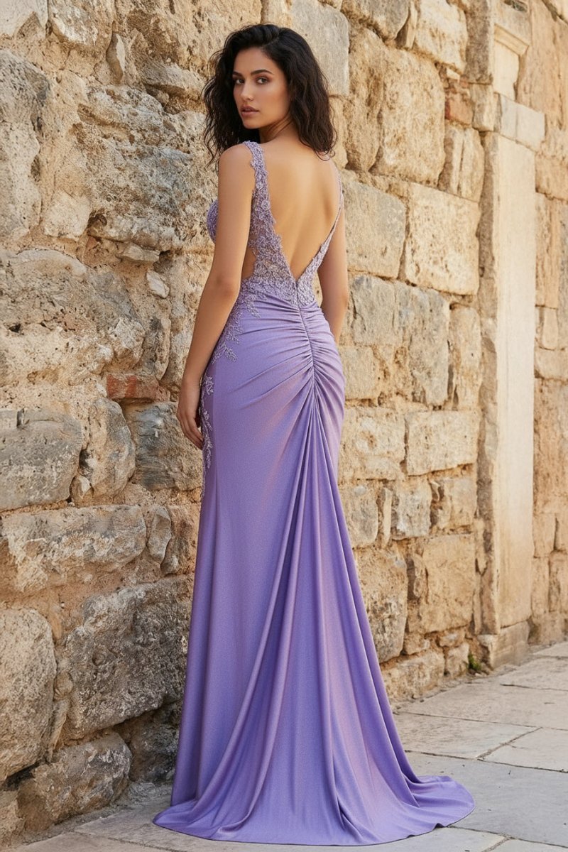 Charming Mermaid V Neck Sage Green Slit Formal Prom Gown with Appliques