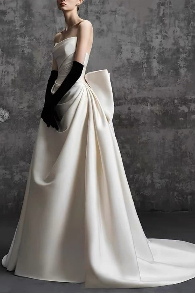 Elegant A Line Sweep Brush Train Mikado Wedding Dress 814546469493 Wedding Dress