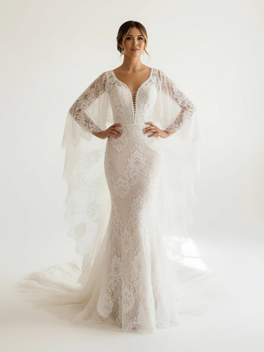 White Lace Mermaid Wedding Dress with V-Neck Neckline and Appliques