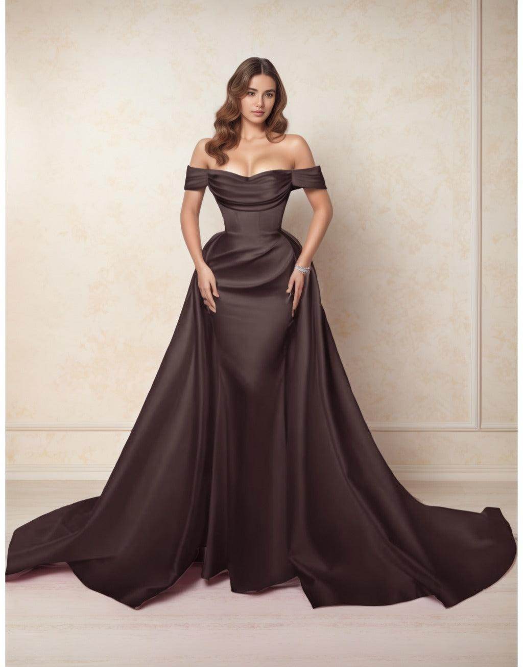 Elegant A Line Chapel Train Satin Prom Dress for Prom