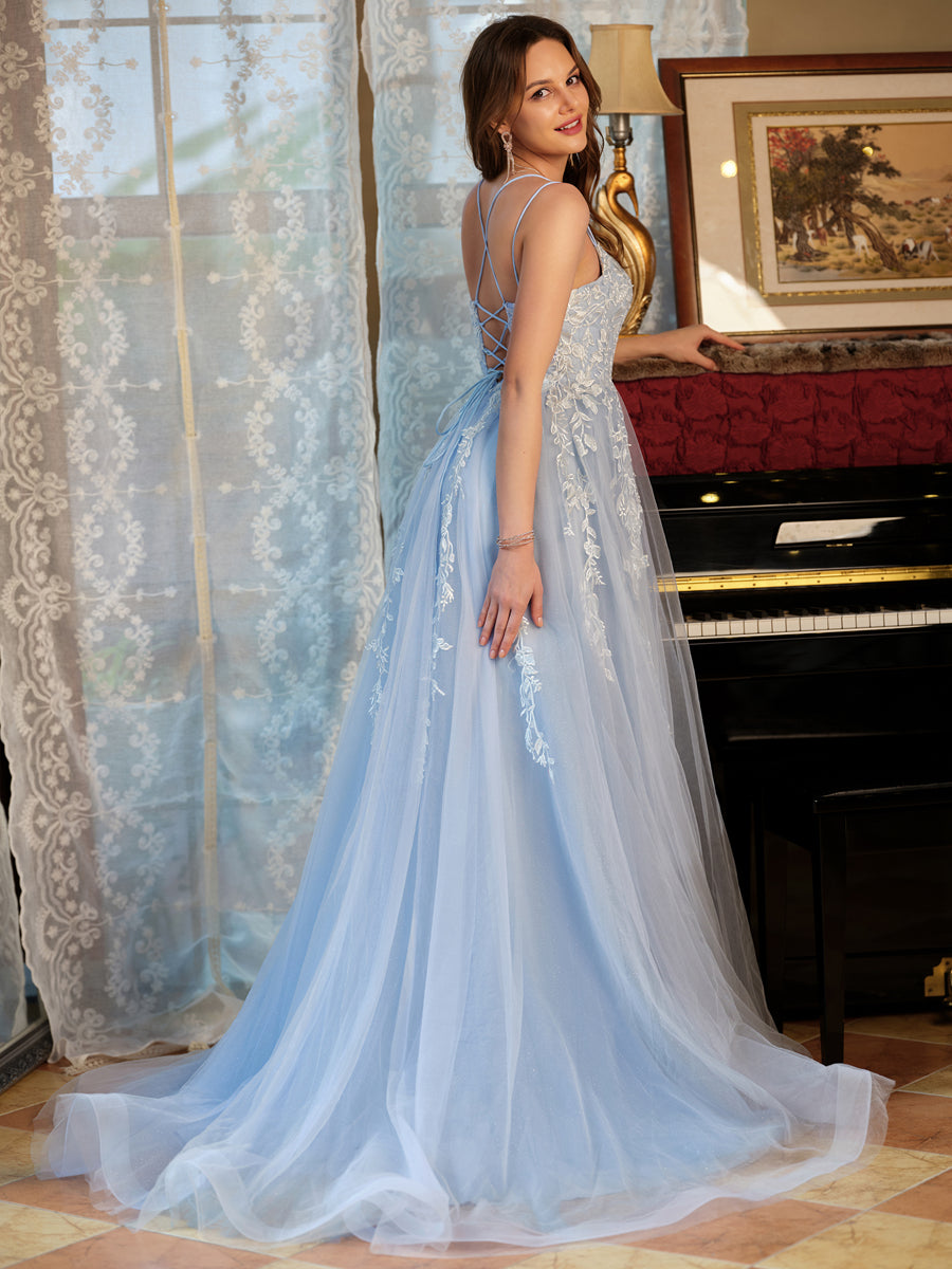 Kerensa sky blue fabric detail prom dress