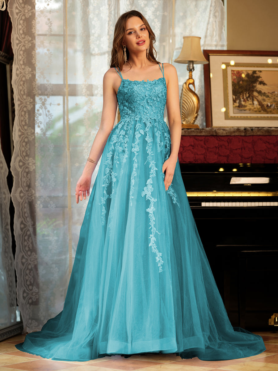 Kerensa pool blue front view prom dress