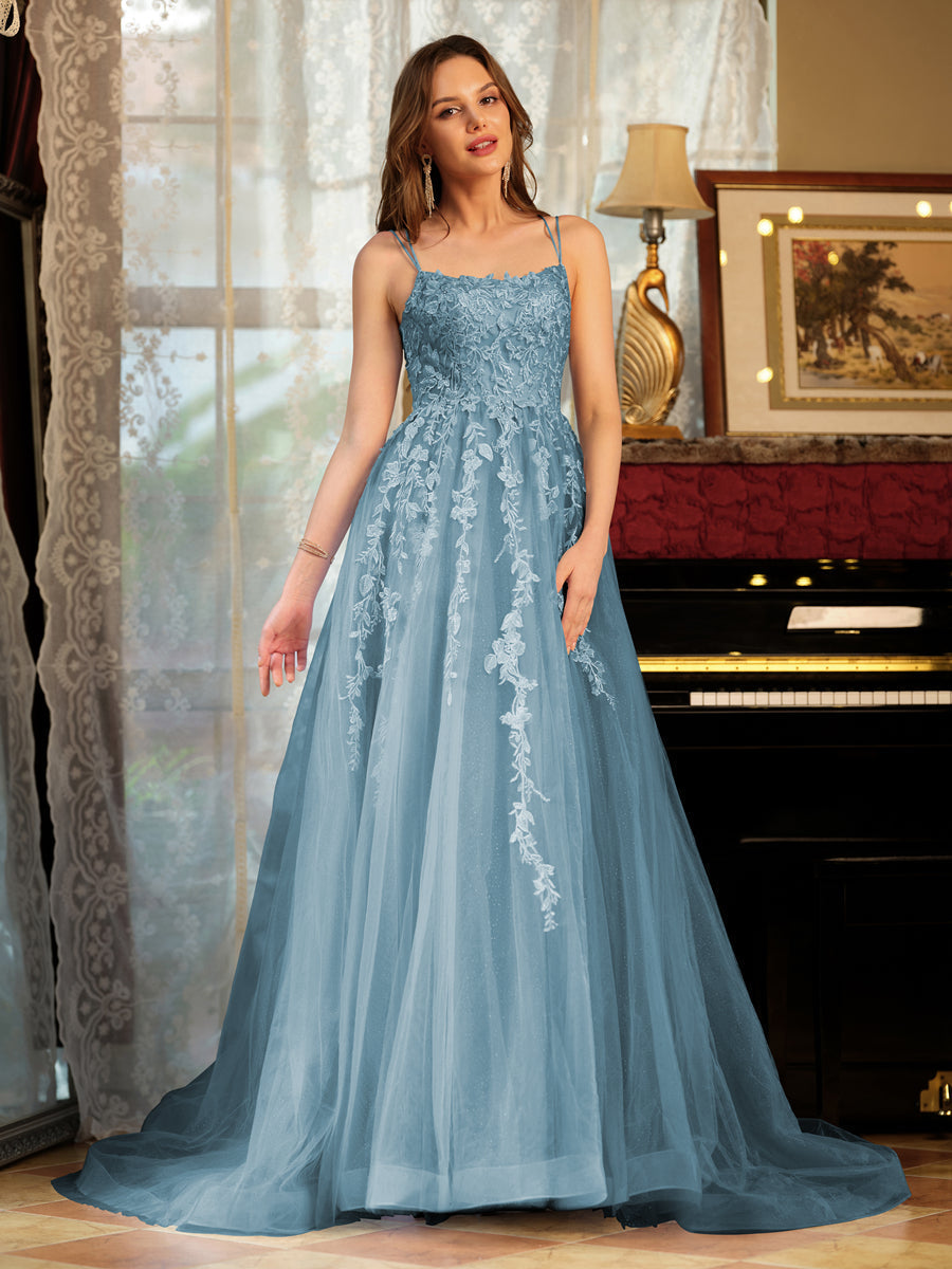 Kerensa dusty blue front view prom dress