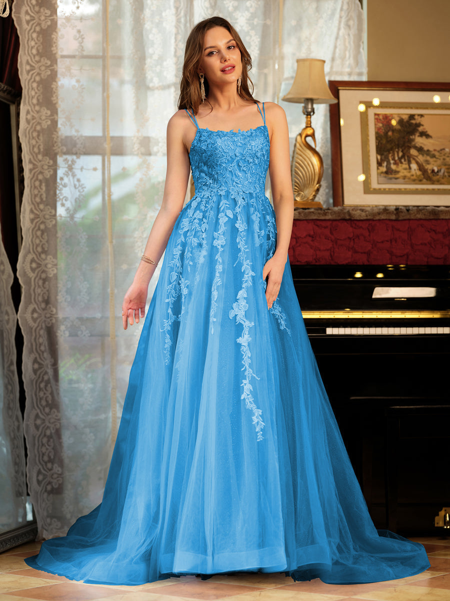 Kerensa ocean blue front view prom dress