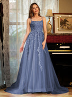 Kerensa steel blue front view prom dress