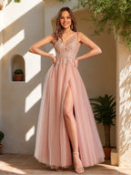 Zorina peach front view prom dress
