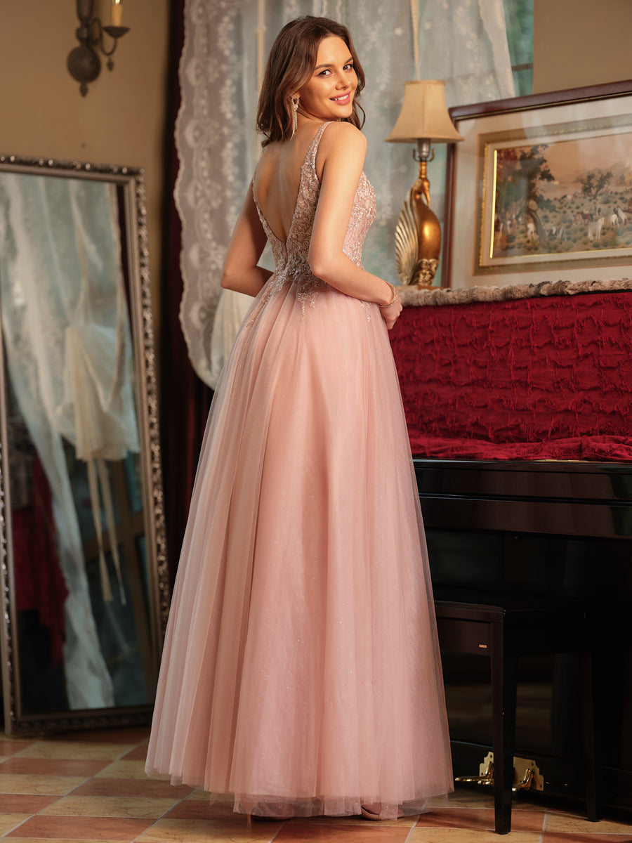 Zorina peach hem detail prom dress