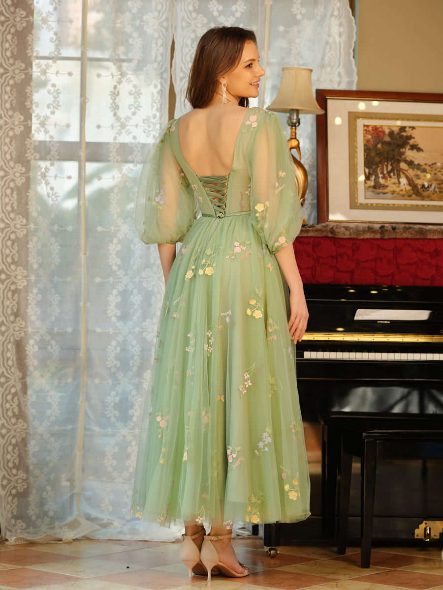 Ysella sage green detail view prom dress