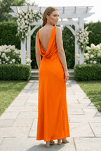 Orange Satin Sheath Bridesmaid Dress with V-Neck Neckline