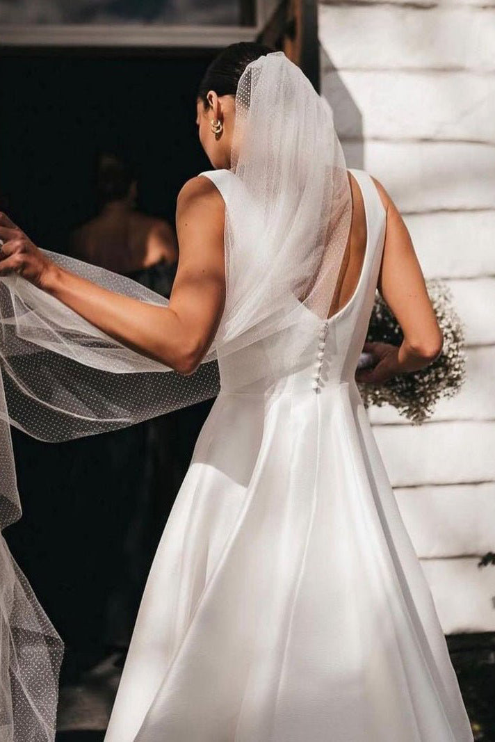 Diamond White Satin A-Line Wedding Dress with Square Neck Neckline and Sweep Train