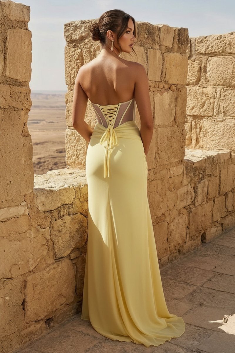 Yellow Sweetheart Sheath Pleated Long Formal Prom Gown With Slit