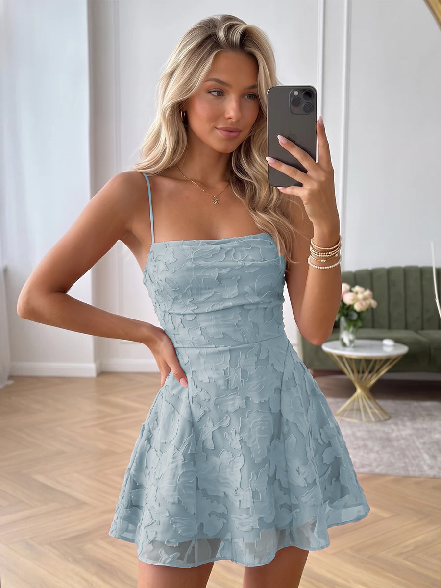 Vianne dusty blue front view homecoming dress