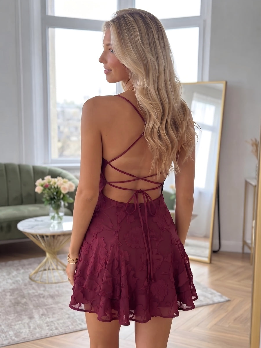 Amandine burgundy back view homecoming dress