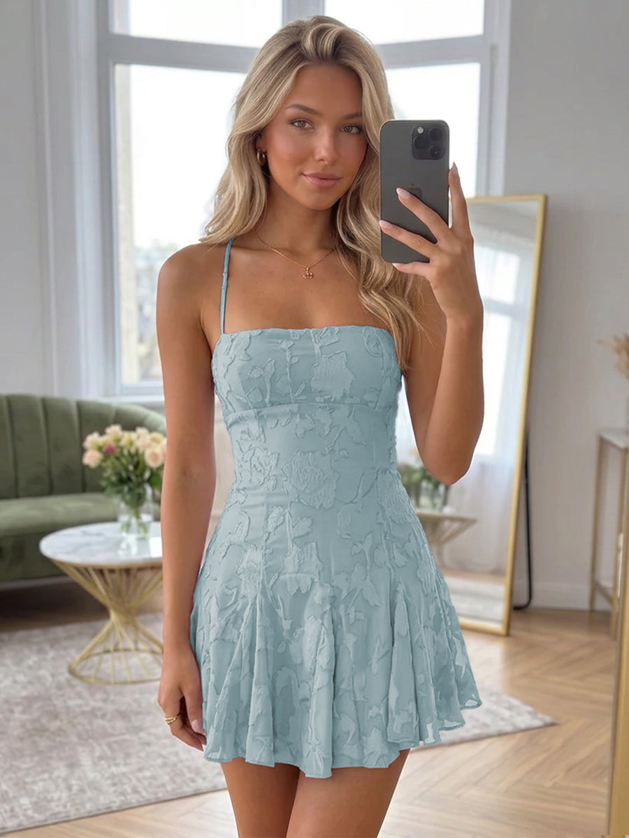 Amandine dusty blue front view homecoming dress