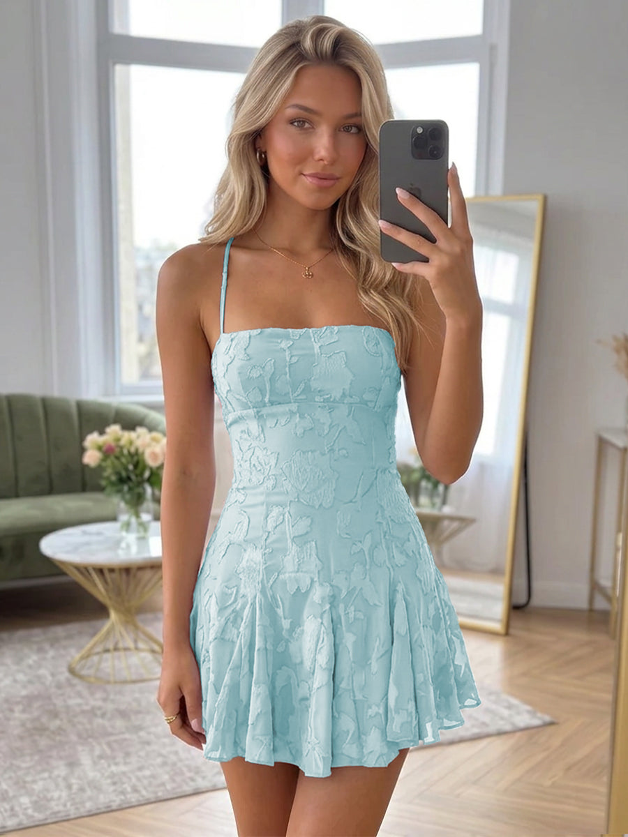 Celeste Sky Blue front view homecoming dress