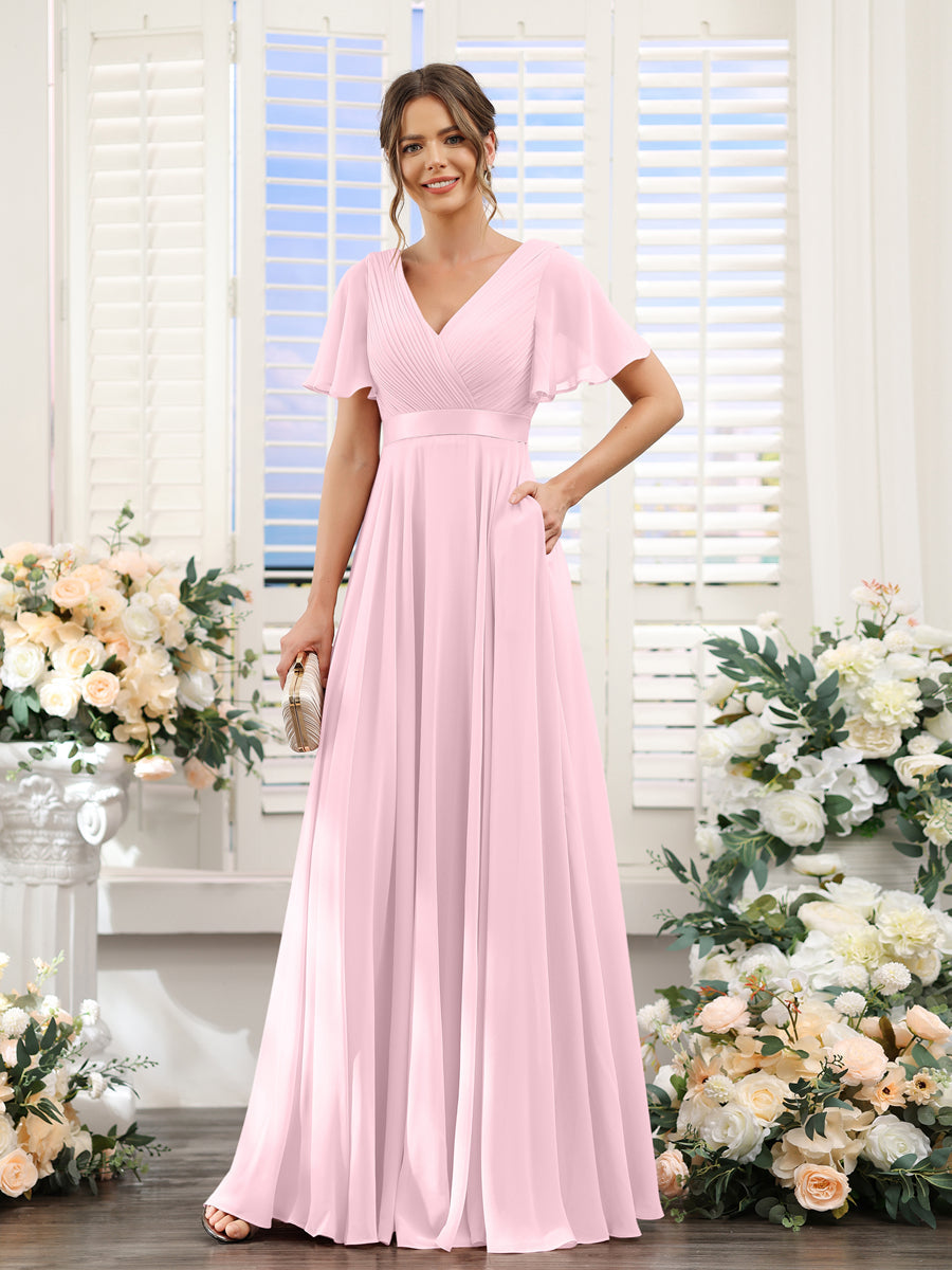 Zinnia Rose Pink front view bridesmaid dress