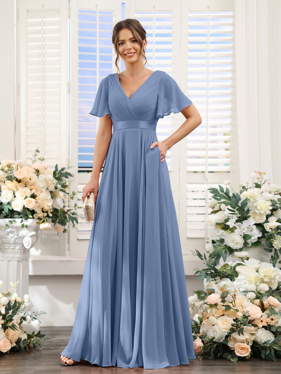 Zinnia Steel Blue front view bridesmaid dress