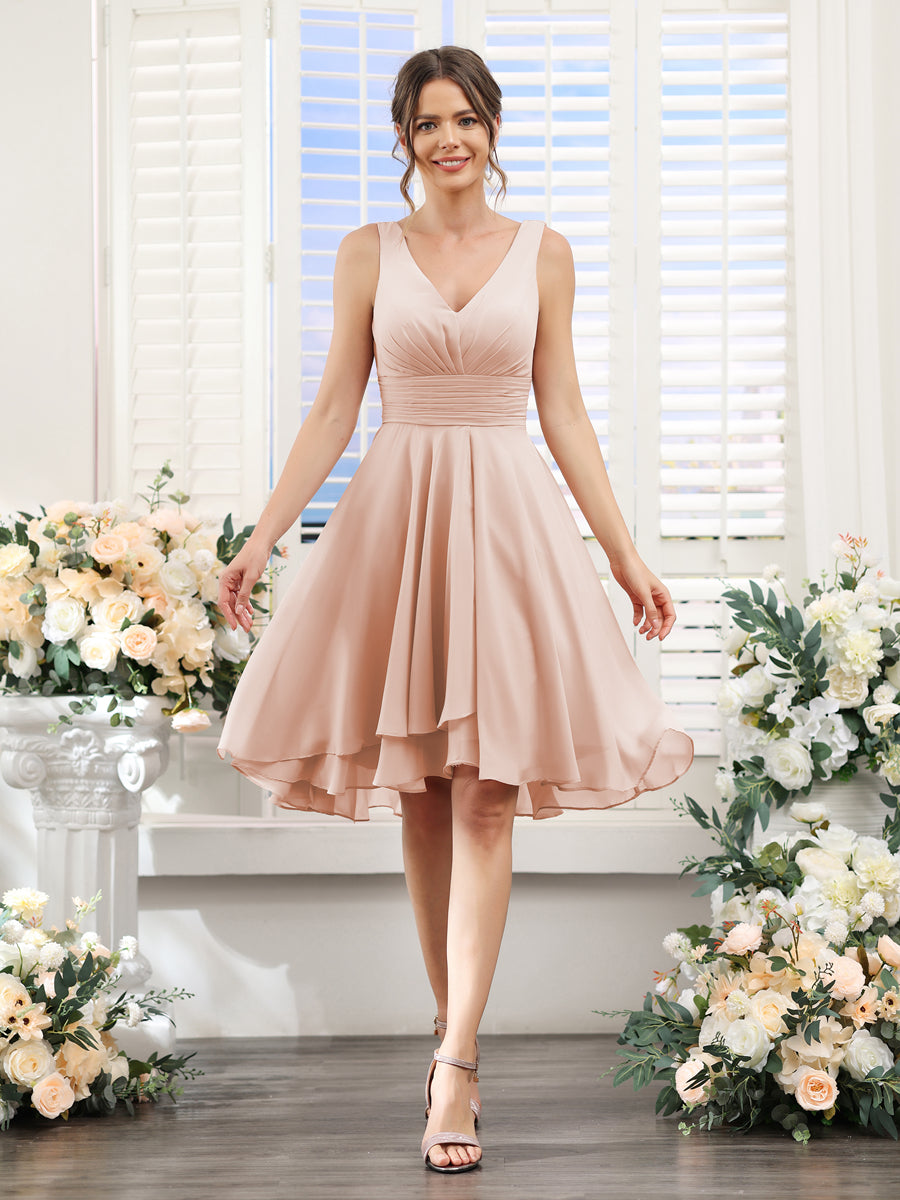 Amelise Blush front view wedding guest dress