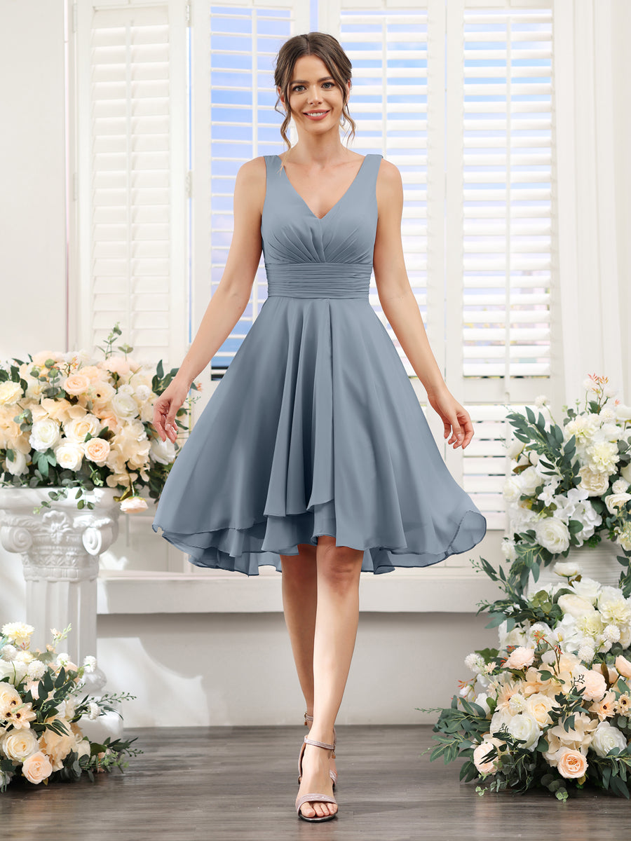 Amelise Dusty Blue front view wedding guest dress