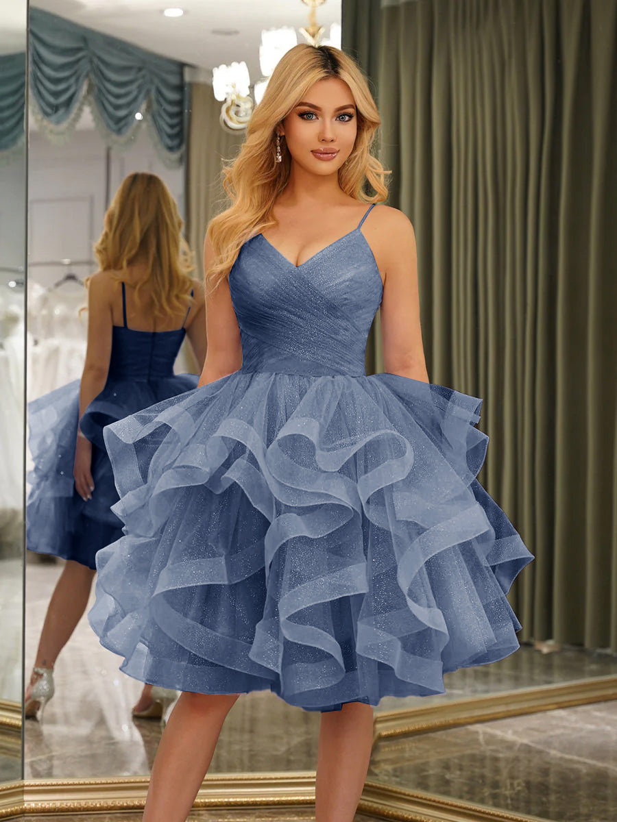 Odelia steel blue front view homecoming dress