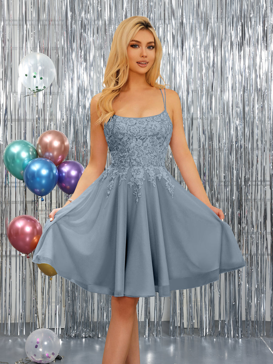 Nerissa dusty blue front view homecoming dress