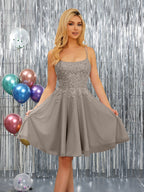 Nerissa taupe front view homecoming dress