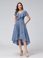 Felicity Rose Steel Blue front view wedding guest dress