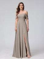 Yvette Taupe front view bridesmaid dress