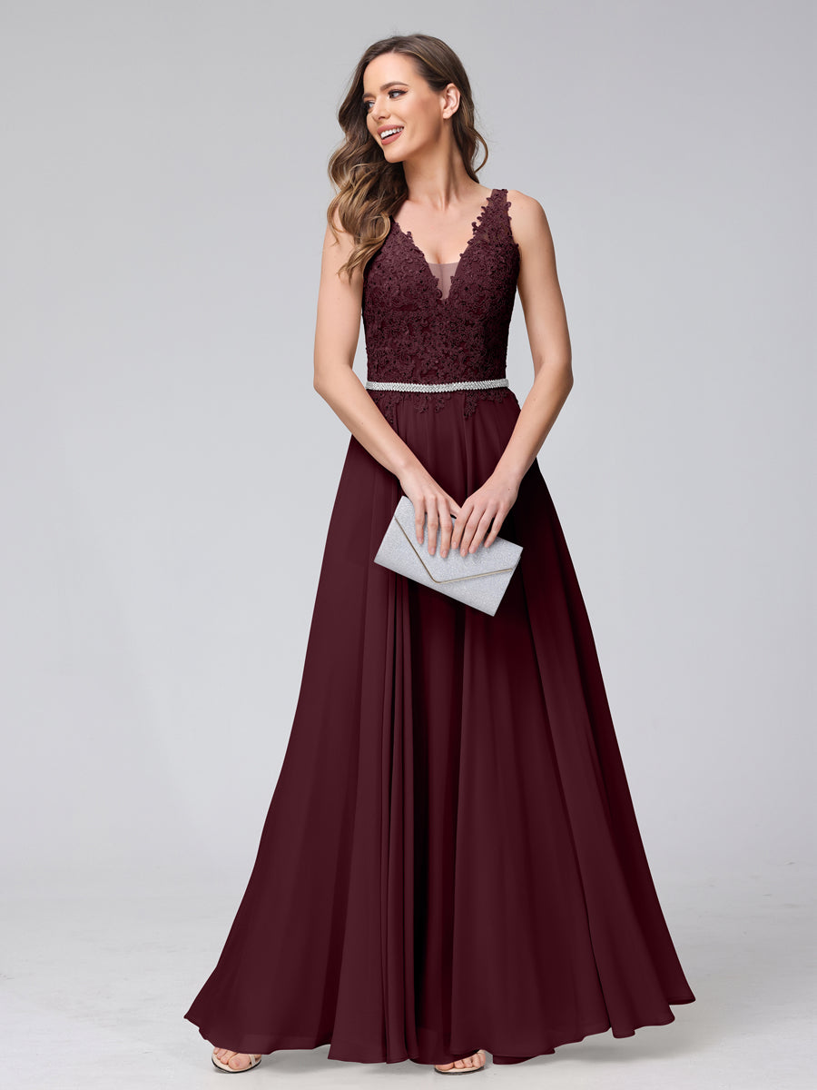 Brielle burgundy front view prom dress
