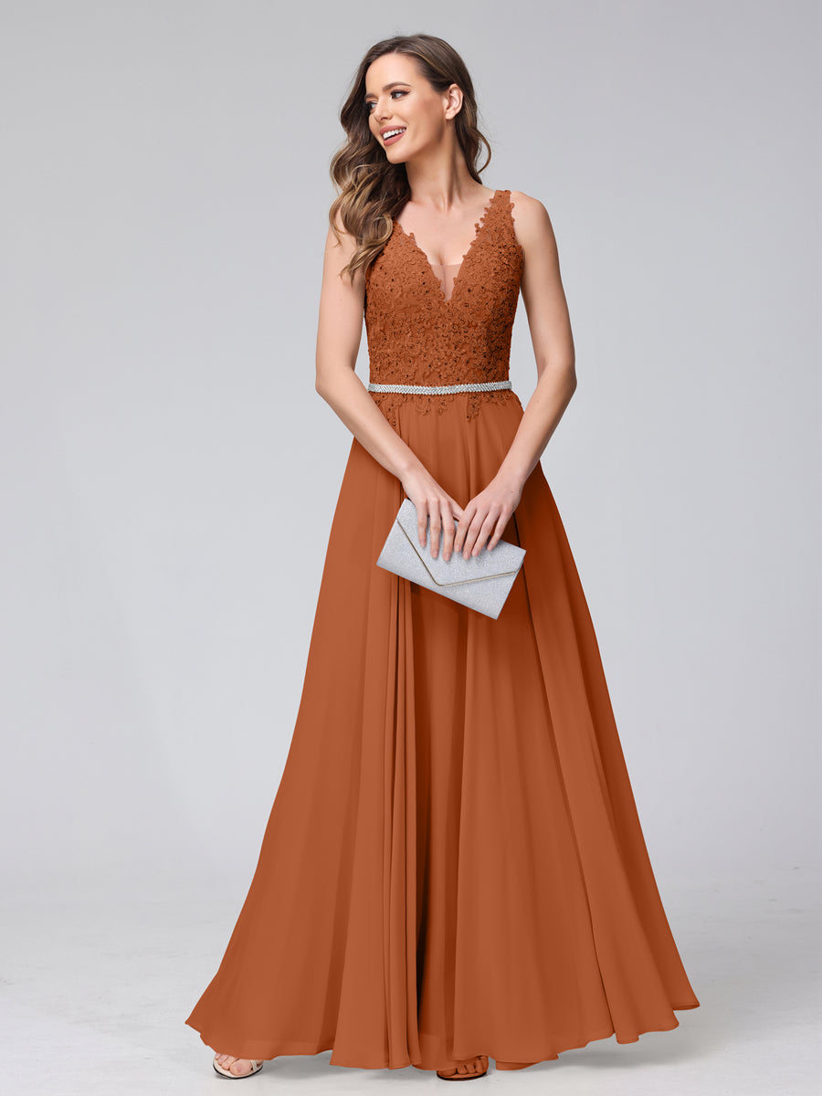 Brielle burnt orange front view prom dress