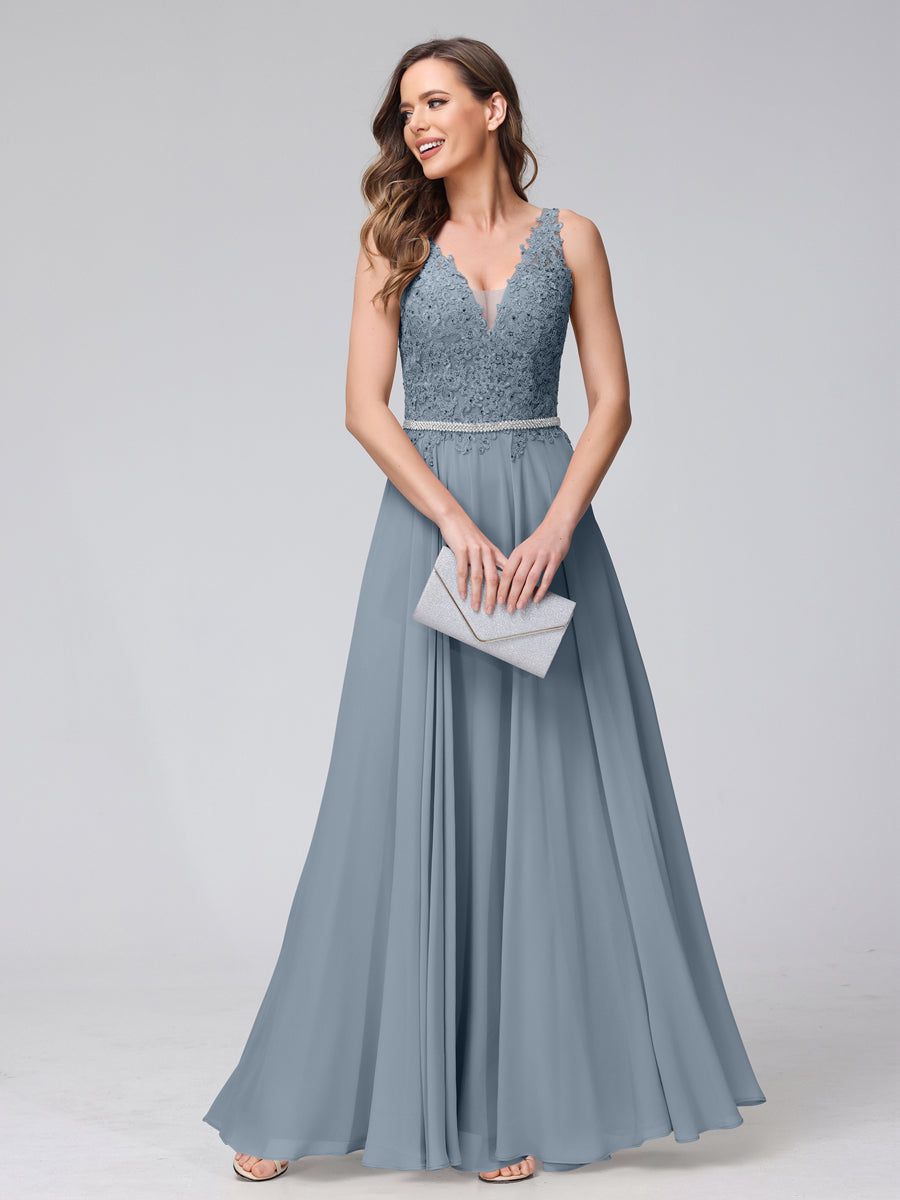 Brielle dusty blue front view prom dress