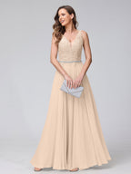 Brielle champagne front view prom dress