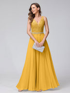 Brielle gold front view prom dress