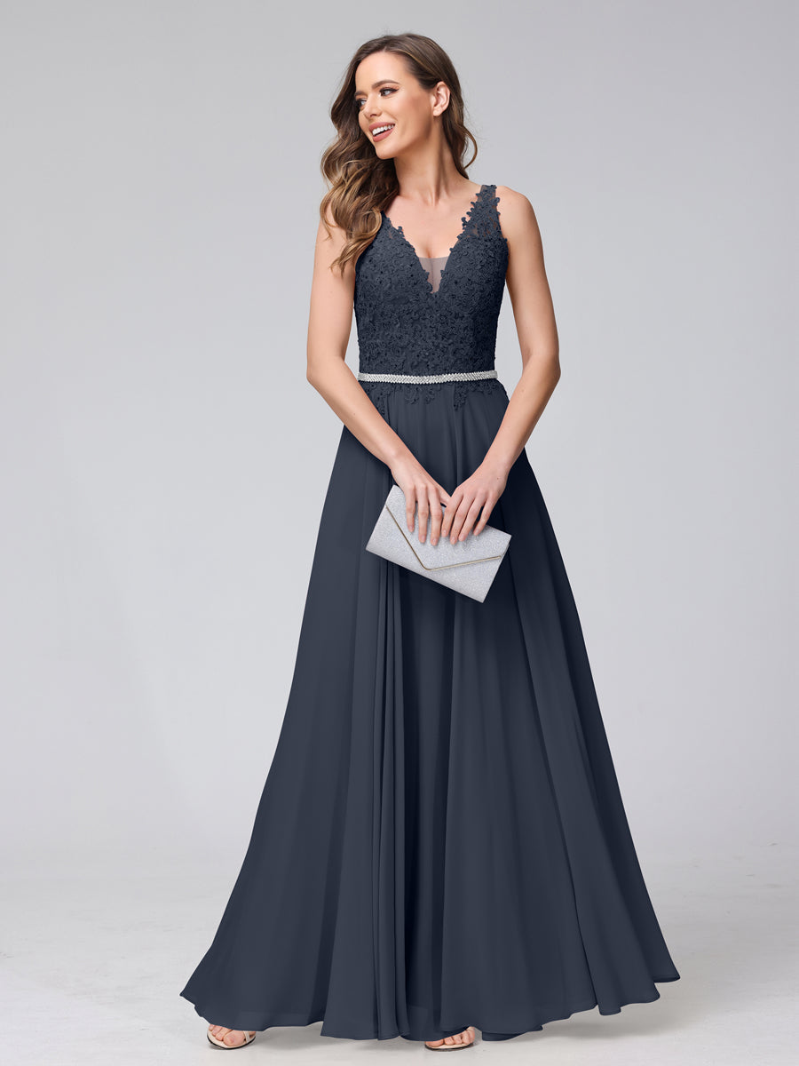 Brielle navy blue front view prom dress
