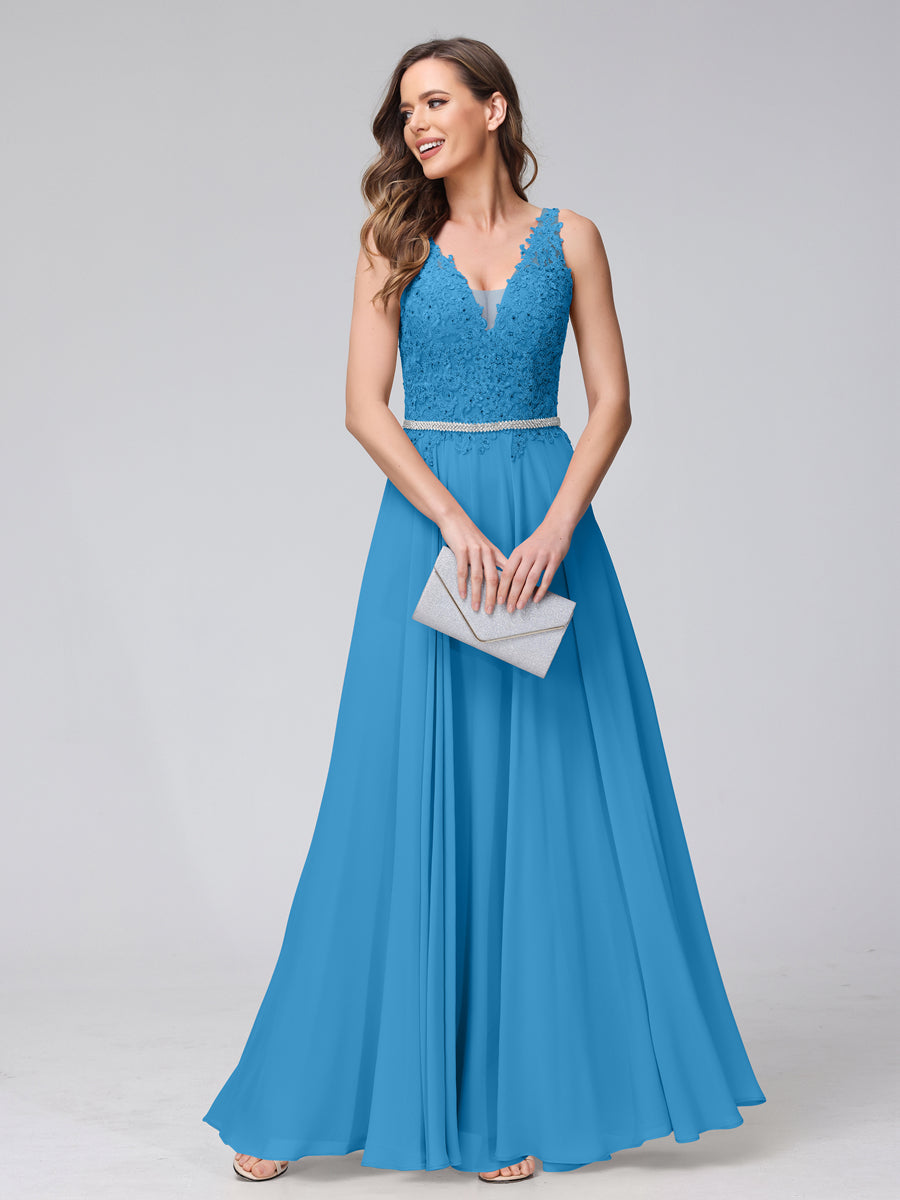 Brielle ocean blue front view prom dress